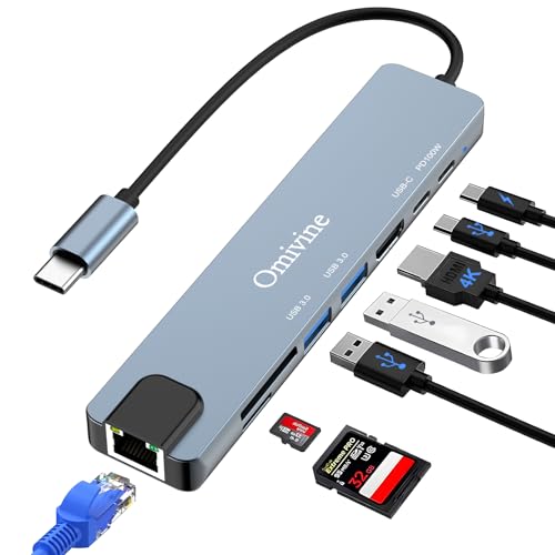8 en 1 USB C Hub con 1G Ethernet, PD 100 W, 4K HDMI, 2 x USB 3.0, USB-C, lector de tarjetas SD/TF, adaptador divisor USB 3.0 para iPhone 16/15, MacBook, iPad, Samsung, MacBook, Surface, Dell,