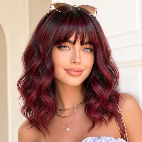 Image of AISI HAIR Bob Curly Wig with Bangs Short Wavy Wigs for Women