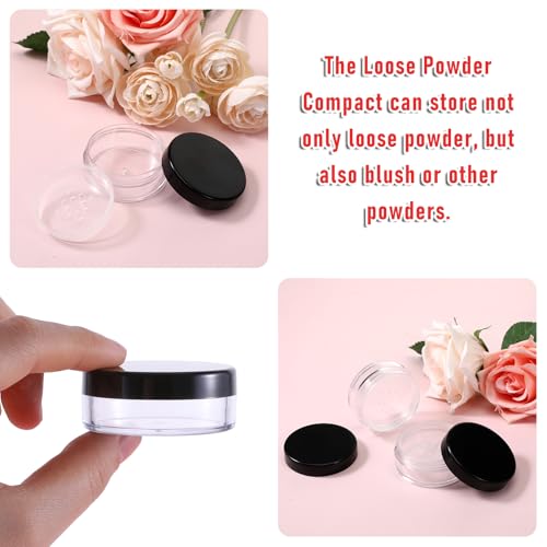 2 PCS 10ml/0.34oz Plastic Empty Travel Small Loose Powder Compact with Rotatable Sifter and Leakproof Screw Lid, Refillable Loose Powder Containers Reusable No Leak Compact, Black 6