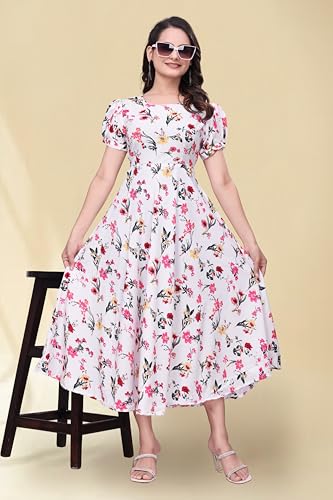 Image of Women's A-Line Crepe Maxi Dress | Stylish Fit and Flare Dress with Round Neck Short Puff Sleeves for Casual Wear