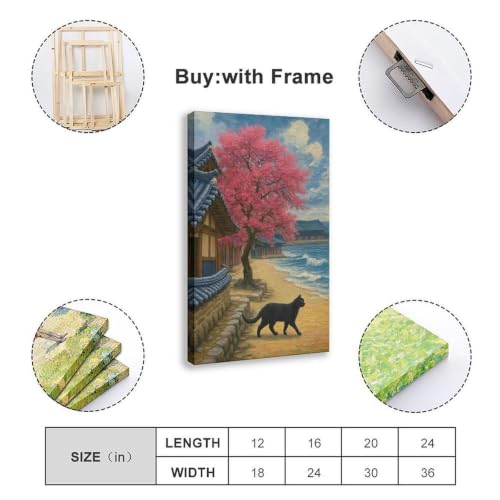 Toile chat fleurs de cerisier Hanok impression d'art premium