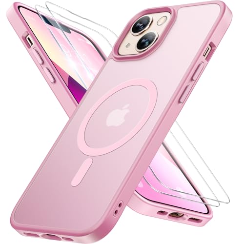 Image of Miracase Magnetic for iPhone 13 Case 6.1 inch (Compatible with MagSafe)(with 2X Screen Protectors) Military-Grade Protection, Anti-Fingerprint Translucent Matte Phone Case Cover, Mes Pink