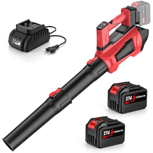Soplador de Hojas a Batería 21V con 2X 4.5Ah Baterías, Motor sin Escobillas 360 km/h, 5 Velocidades y Modo Turbo, 3 Tubos, Correa, Soplador de Aire Potente para Jardín, Nieve, Polvo, Compatible 18V