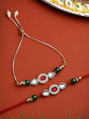 Image of Sukkhi Rakhi Most Beautiful Floral with Gold Plated Rakshabandhan Combo Lumba Rakhi for Bhiaya Bhabhi Brother with Roli Chawal & Greeting Card|Set of 2