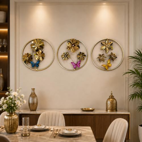 Image of Framing Hub - Gold Flower Round Metal Wall Decor Set of 3 Multicolor Butterfly Leaf Wall Art Decorative Hanging for Living Room Bedroom Home (19 x 19 Inch)