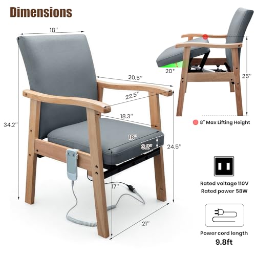 Image of EasyVibe Motorized Stand Up Armchair for Small Spaces - Electric Lift Seat for Seniors, Solid Oak & Gray Leather, Sturdy Steel Core, 280 lbs Capacity, Slate Gray