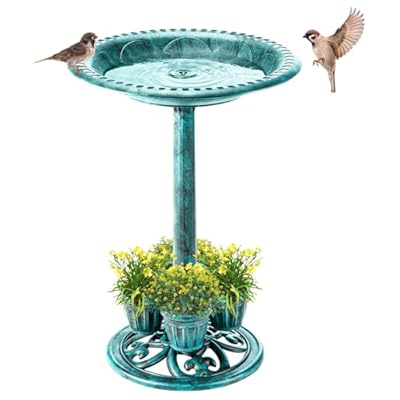 Demeyad Bird Bath for Outside with 4 Removable Flower Planters 28in Polyresin Lightweight Vintage Birdbath Stake Standing Bowl and Water Feeder Yard Gardan Decor Green
