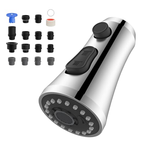 Hibbent Pull Down Spray Head for Kitchen Faucet, 3-Function Spray Nozzle with 15 Adapters, Straight Sink Faucet Head Replacement Compatible with Moen, Delta, Kohler, American Standard, Chrom