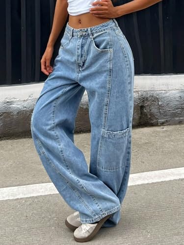 Low Rise Womens Straight Leg Jeans Wide Leg Patchwork Multiple Pockets Relaxed fit Jeans for Women Trendy Pants3