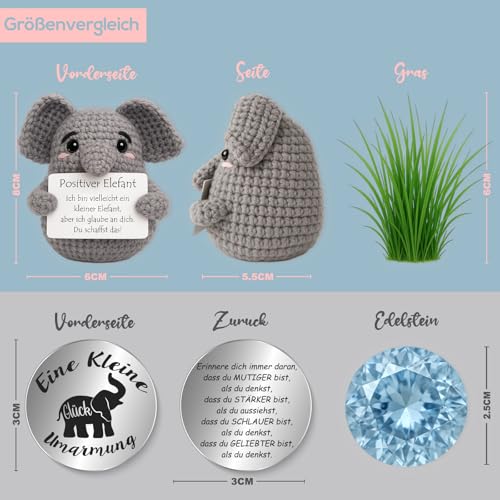 Tixlux Pocket Hug Positiver Elefant, Kreative Strickwolle Elefant Figur und Kleine Umarmung Glücksbringer, MutmacherGeschenk, Gute Besserung Geschenk, Einschulung Geschenk