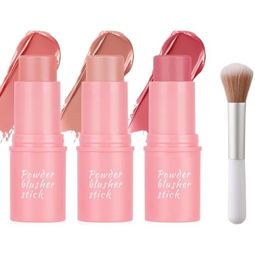 3 in 1 Cream Blush, Multi-Use Blush Stick for Cheeks Lips Eyes, Moisturize and Blendable Blusher Contour Stick with Makeup Brush, Long Lasting Waterproof Lightweight Cream Blusher for Nature Look