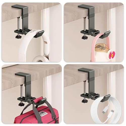 Image of Pack of 2 Folding Desk Bag Hook, Underdesk Headphone Stand, Metal Table Edge Hook for Handbag, Backpack & Purse, Portable Space-Saving Travel & Office Use (Type B)