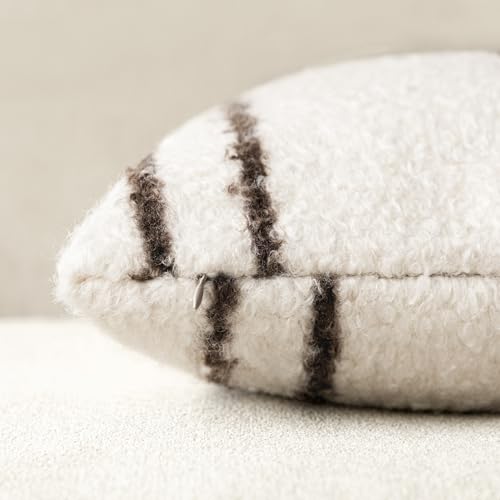 Image of Foindtower Pack of 2 Soft Faux Fur Boucle Throw Decorative Pillow Covers Fuzzy Accent Striped Cushion Sherpa Boho Farmhouse Pillowcase for Couch Sofa Bed Living Room Home Decor 18x18 Inch,Ivory