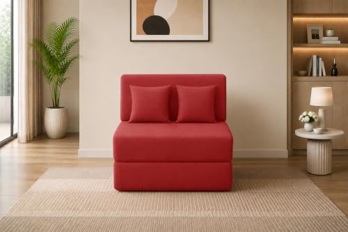 Image of Los Angeles Foldable One Seater Sofa Cum Bed, Sofa Bed 3 X 6 Feet Jute Fabric Washable Cover- Including Cushion Perfect for Living Room - Red Color