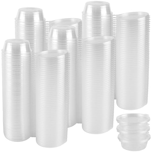 KEILEOHO Lot de 200 pots à sauce 56ml avec couvercles - Récipients alimentaires transparents anti-fuite - Pour épices, salade, confiture - Boîtes plastique empilables 6.5x2cm
