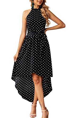 ECOWISH Womens Casual Halter Neck Polka Dot Dress High Low Sleeveless Floral Long Maxi Wrap Sundress with Belt 057Black Small