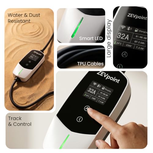 Image of Zevpoint 7.5 kW EV Charger | Carry Bag + Wall Bracket + CEE Socket | 32A, Waterproof | 5m Length, 3 inch Display | Adjustable Power | Auto Cut, Overload & Earthing Protection (Dash 2.0)