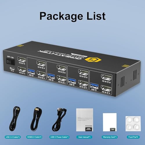 Image of HDMI KVM Switch 4 Computers 2 Monitors with 3 USB3.0 Ports, 4K@60Hz Dual Monitor KVM Switch 4 Port for 4 PCs Share 2 Monitors, Support Button Switch, Adaptive EDID, 4 in 2 Out