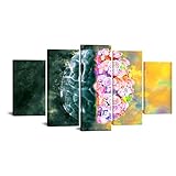 Large 5pcs Canvas Prints Human Brain Wall Art Monochrome Left and Full Roses Right Watercolor...