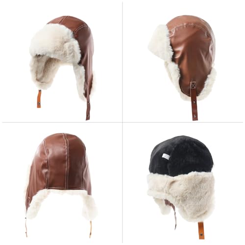Peicees Vintage Aviator Hat And Goggles Pilot Hat Costume For Adult Kids Leather Trapper Hat With Fur Ear Flaps Winter Warm Brown thumb #3