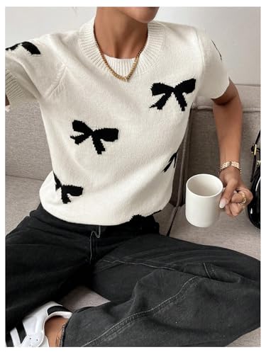 GORGLITTER Women's Bow Knit Tops Short Sleeve Lightweight Sweater Spring Fashion 20253