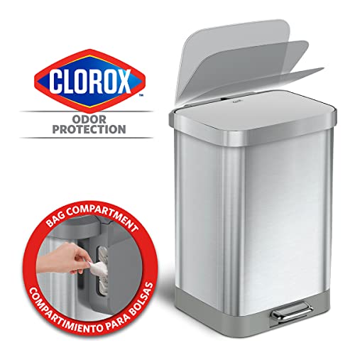 Glad Stainless Steel Step Trash Can With Clorox Odor Protection | Large Metal Kitchen Garbage Bin With Soft Close Lid, Foot Pedal And Waste Bag Roll Holder, 13 Gallon, All Stainless #TOP1