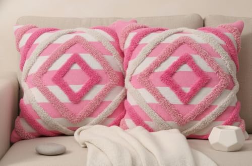 Image of Furnistitchs Premium Decorative Throw Cushion Pillow Cover Boho Home Decor - Living Room Bedroom Couch Sofa Cushion Covers 16 inch x 16 inch (2, Cream Geometry)