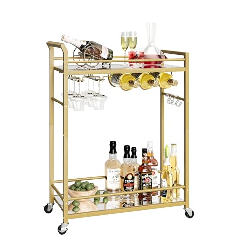 Image of 3 Tier Bar Cart, Small Beverage Cart, Mini Bar Cart with Wine Rack, Home Bar Serving Cart with Wheels for Dining Living Room (Gold, Mirrored) GBC106GU
