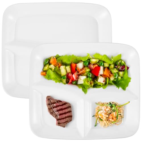 OMISTAR 2 platos de control de porciones, platos divididos de cerámica de 10 pulgadas para adultos, plato de dieta rectangular de porcelana, plato de cerámica blanca para comidas equilibradas