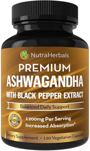 NUTRAHERBALS Ashwagandha Supplement Made with Premium Ashwaganda Root Powder 1200mg with Black Pepper Extract for Increased Absorption - 120 Vegi Capsules