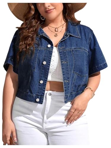 Verdusa Women's Plus Size Button Front Denim Jacket Summer Streetwear Crop Tops with Pockets