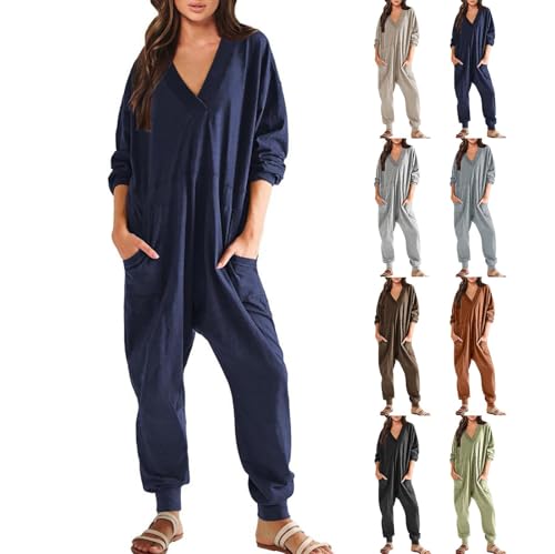 Combinaison jambe large femme avec poches pratiques et col en V