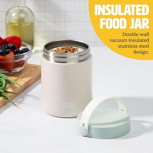 Image of Tasty Food Jar with Folding Handle, Portable Snack Travel or Lunch Container, Stainless Steel Insulated Vacuum with Leak-Proof Lid, Keeps Food Hot or Cold for Hours, 15-Ounce, Cream