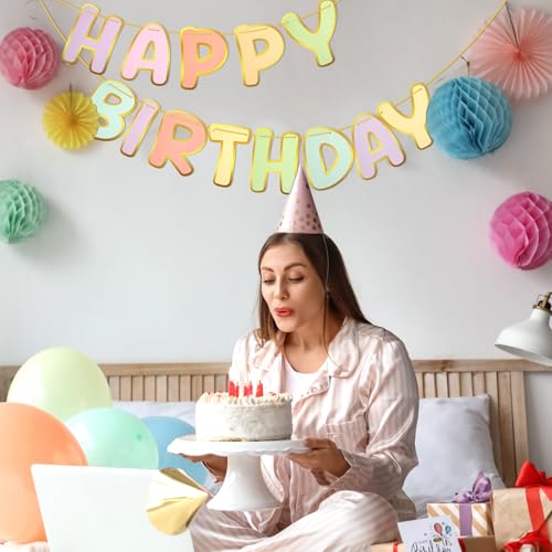 Image of TaoBary Macaron Happy Birthday Banner Pre-strung Birthday Party Decorations No DIY Hanging Banner Sign Hanging Decor for Women Men Boys Girls Party Supplies Backdrop