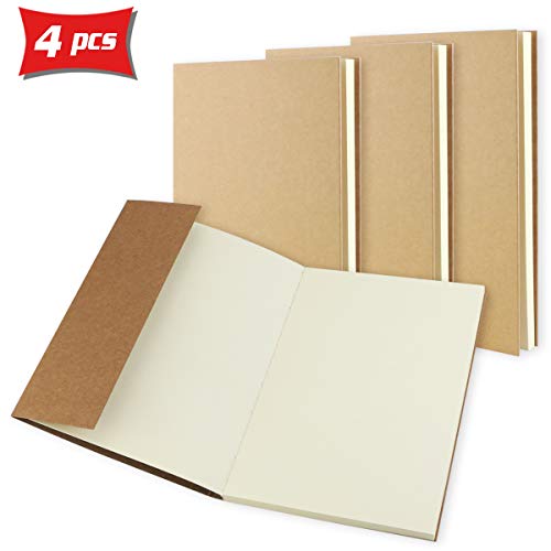 Pralb 4Pack Kraft Cover Blank 100g Full Wood Paper Sketch Book,A5 Size,130x190mm,120 sheets/240 Pages Ideal for Drawing & Sketching,350gsm Kraft Paper Cover