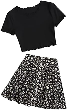 SheIn Girl's 2 Piece Outfits Floral Print Lettuce Trim T Shirt Top and Skirt Clothing Sets Black 11-12Y