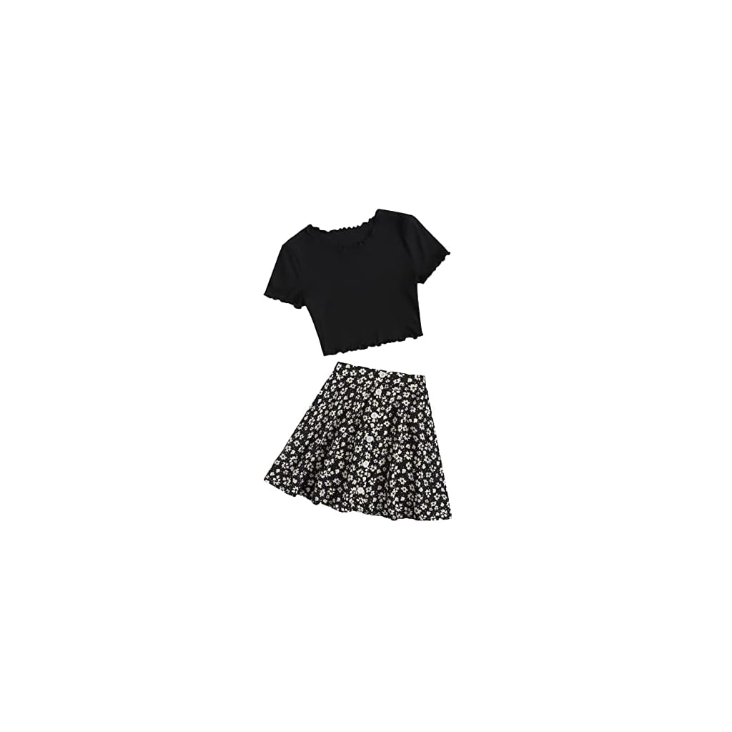 SheIn-Girls-2-Piece-Outfits-Floral-Print-Lettuce-Trim-T-Shirt-Top-and-Skirt-Clothing-Sets