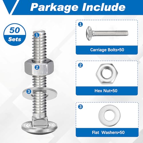 Image of Zonon 50 Sets 1 /4-20 x 1-1 /2 inch Stainless Steel Carriage Bolts and Nuts Kit Round Head Square Neck Carriage Bolts Screws and Hex Nuts and Flat Washers, Stainless 18-8 Full Thread Coverage (Silver)