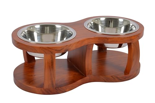 Image of Pure Souls Skye Pet Feeder, Natural Acacia Wood Feeders Stand, Elevated Dog Bowls 750 ml, Food Water Diner, Durable Double Bowl Feeding Stands for Dogs - Medium (43 x 21 x 12 cm)