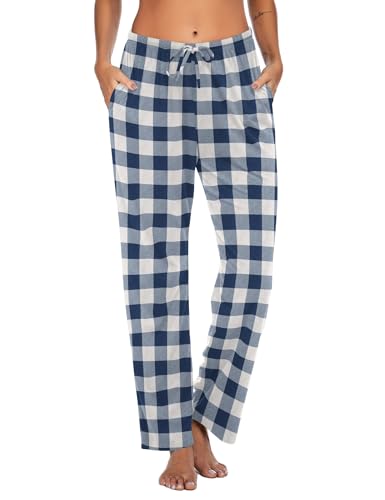 Ekouaer Women Pajama Pants Comfy Pj Bottom with Pockets Stretch Plaid Sleepwear Blue and White Plaid Medium