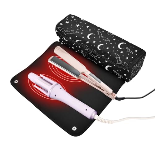 2-in-1 Estuche de viaje para rizador con tapete resistente al calor removible para planchas grandes para el cabello, estuche portátil para rizador, planchador, secador plano blanco con diseño de murciélago, luna y estrella miniatura 2