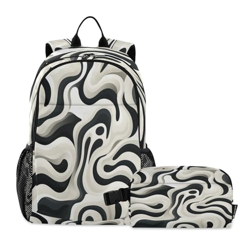 Sac à dos étudiant dessin au trait abstrait avec son sac à déjeuner noir et blanc léger