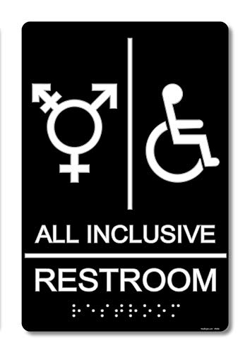 MADE IN THE USA – “All Inclusive Bathroom" - Non Gender Specific Restroom Sign – 6 x 9 Inch Acrylic - ADA Compliant W/Raised Pictogram, Text & Grade II Braille – Tape Include