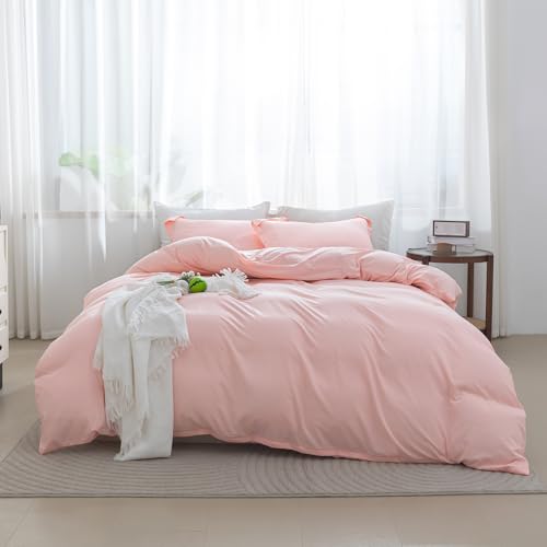 Image of SheRest Pink Duvet Cover Twin Size - Soft Brushed Microfiber, 1 Duvet Cover 68x90 Inches with Zipper Closure 8 Ties & 1 Pillow Sham, Breathable Bedding Set for All Season (No Comforter)