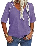 Tankaneo Women's 3/4 Sleeve Shirts V Neck Loose Fitting Tops Casual Solid Color Tshirts Trendy Basic Tunic Summer Ladies Tops Light Purple