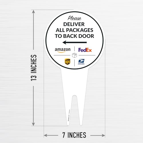 Image of Package Delivery Sign, Delivery Instructions Deliver All Package to Back Door Left Arrow Sign, 7x13 Inches Round Shape, Aluminum Composite Made in USA by Sigo Signs