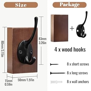 Rustic Coat Hooks for Wall, 4 PCS Black Wall Hooks with Solid Wood Base, Wall Mounted Rustic Decorative Wall Hooks for Hanging Coats, Clothes, Towels, Hat, Jacket, Bag, Keys and Purse Rustic Coat Hooks for Wall 4 PCS Black Wall Hooks with Solid Wood Base Wall Mounted Rustic Decorative Wall Hooks for Hanging Coats Clothes Towels Hat Jacket Bag Keys and Purse