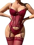 Women's Sexy Lingerie Set with Garter Belt Lace Bodysuit Teddy Baby Dolls Panty with Stockings