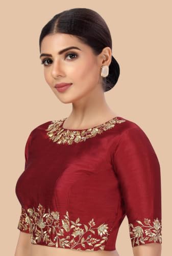 Image of Studio Shringaar Women's Readymade Art Silk Embroidered Saree Blouse with Elbow Length Sleeves