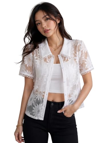 Image of Women's Floral Embroidered Shirt | Elegant Short Sleeve Shirts for Casual & Office Wear | Stylish Summer Button-Down Shirt for Girls & Women